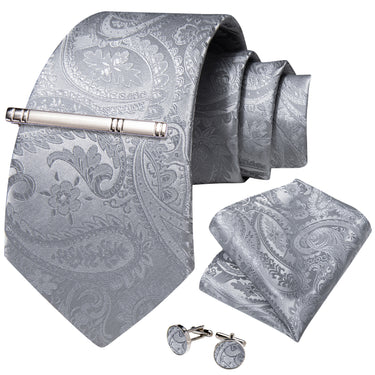 Silver Grey Floral Men's Tie Pocket Square Cufflinks Clip Set