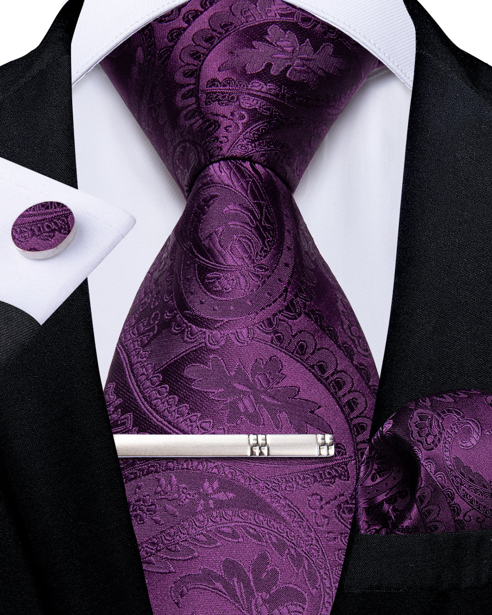Purple Floral Men's Tie Pocket Square Cufflinks Clip Set