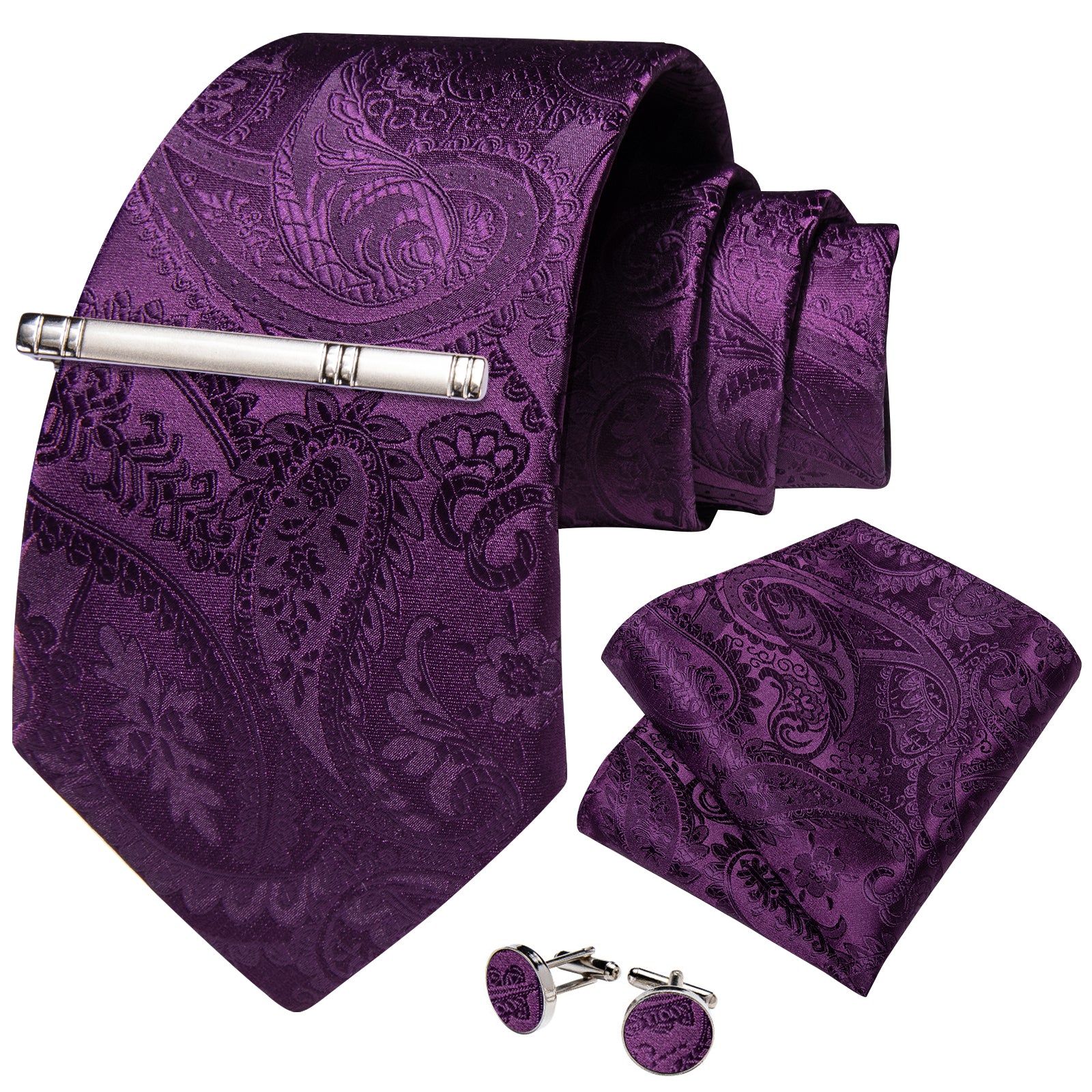 Purple Floral Men's Tie Pocket Square Cufflinks Clip Set