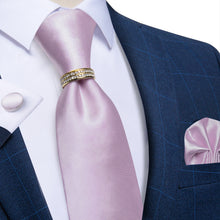 4PCS Pink Solid Silk Men's Tie Pocket Square Cufflinks with Tie Ring Set