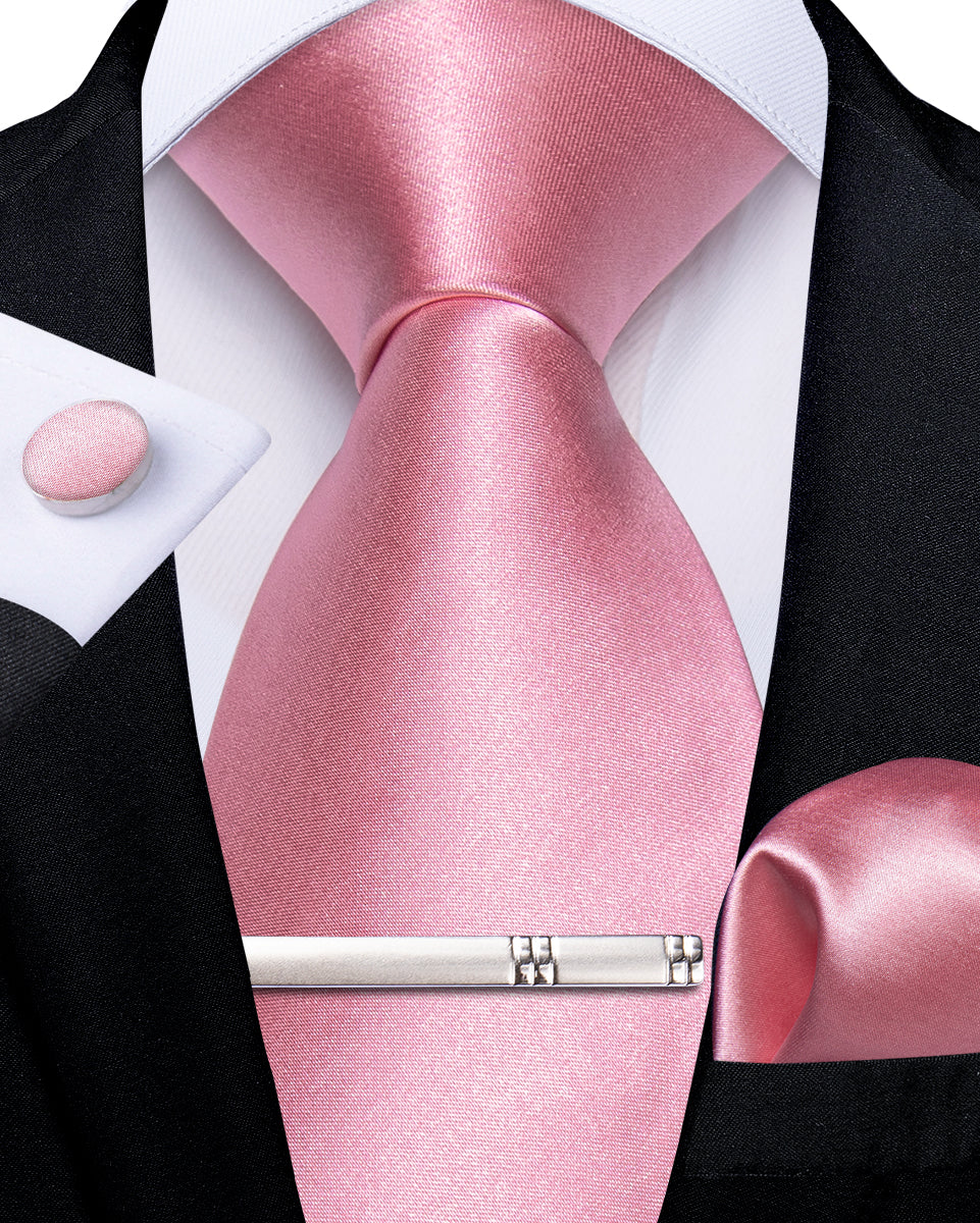 Pink Solid Men's Tie Pocket Square Cufflinks Clip Set