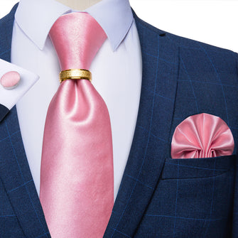 4PCS Cherry Pink Solid Silk Men's Tie Pocket Square Cufflinks with Tie Ring Set