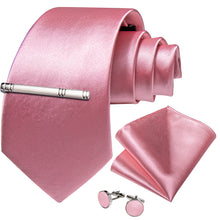 Pink Solid Men's Tie Pocket Square Cufflinks Clip Set