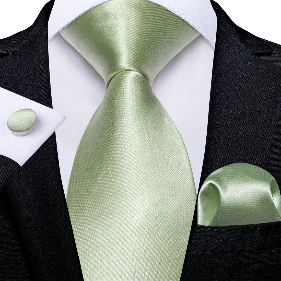Tender Green Solid Men's Tie Pocket Square Cufflinks Clip Set