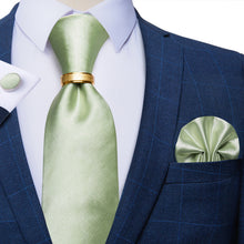 4PCS Mint Green Solid Silk Men's Tie Pocket Square Cufflinks with Tie Ring Set