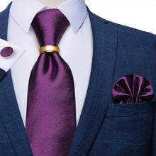4PCS Purple Solid Silk Men's Tie Pocket Square Cufflinks with Tie Ring Set