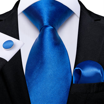 Blue Solid Men's Tie Pocket Square Cufflinks Set