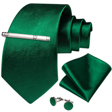 Green Solid Men's Tie Pocket Square Cufflinks Clip Set