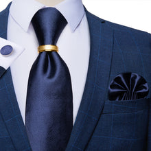 Dibangu Silk Tie 4PCS Blue Solid Men's Tie Set with Suit Tie Ring