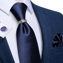 Dibangu Silk Tie 4PCS Blue Solid Men's Tie Set with Suit Tie Ring