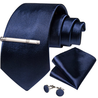 Dark Blue Solid Men's Tie Pocket Square Cufflinks Clip Set