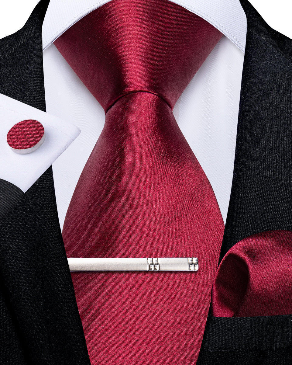 Red Solid Men's Tie Pocket Square Cufflinks Clip Set