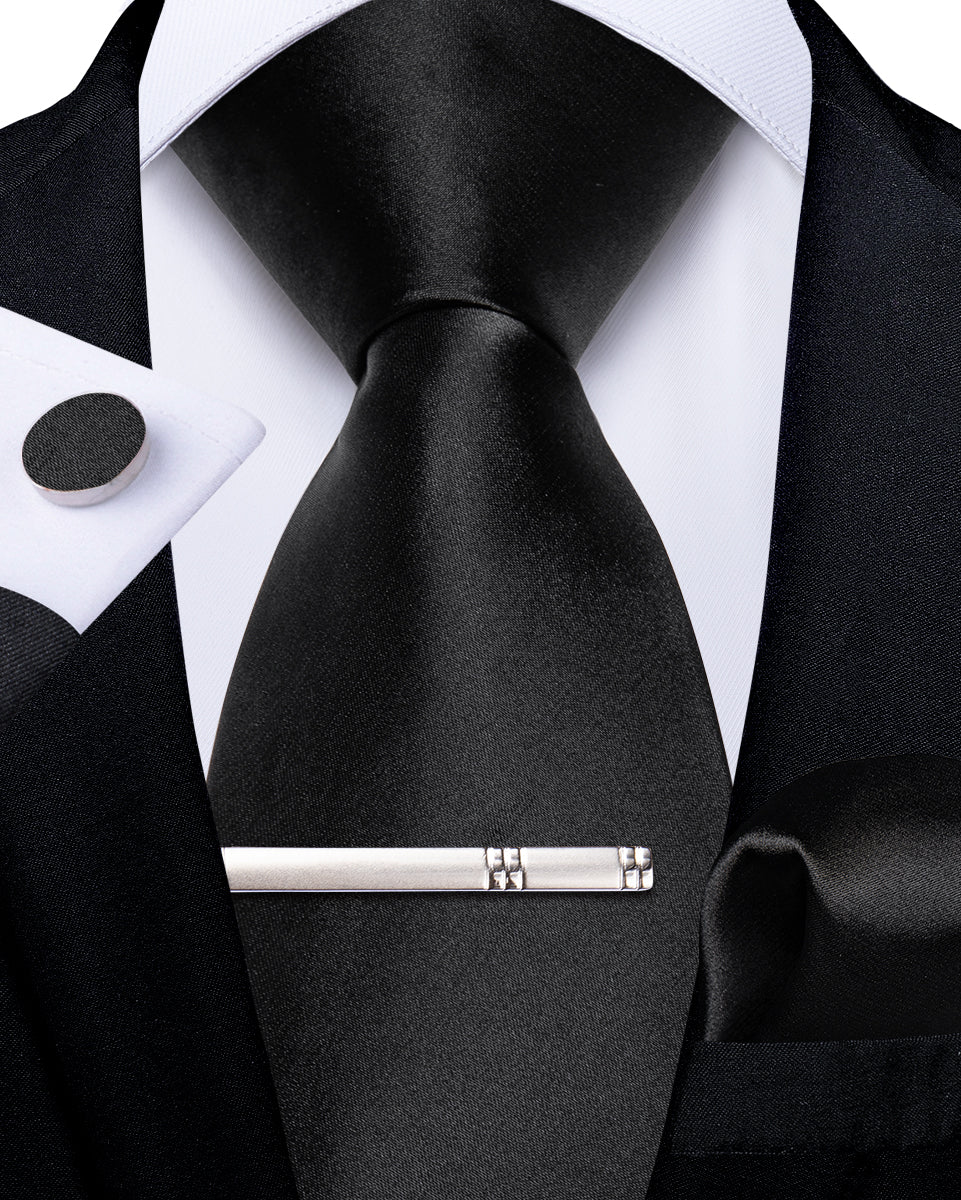 Black Solid Men's Tie Pocket Square Cufflinks Clip Set