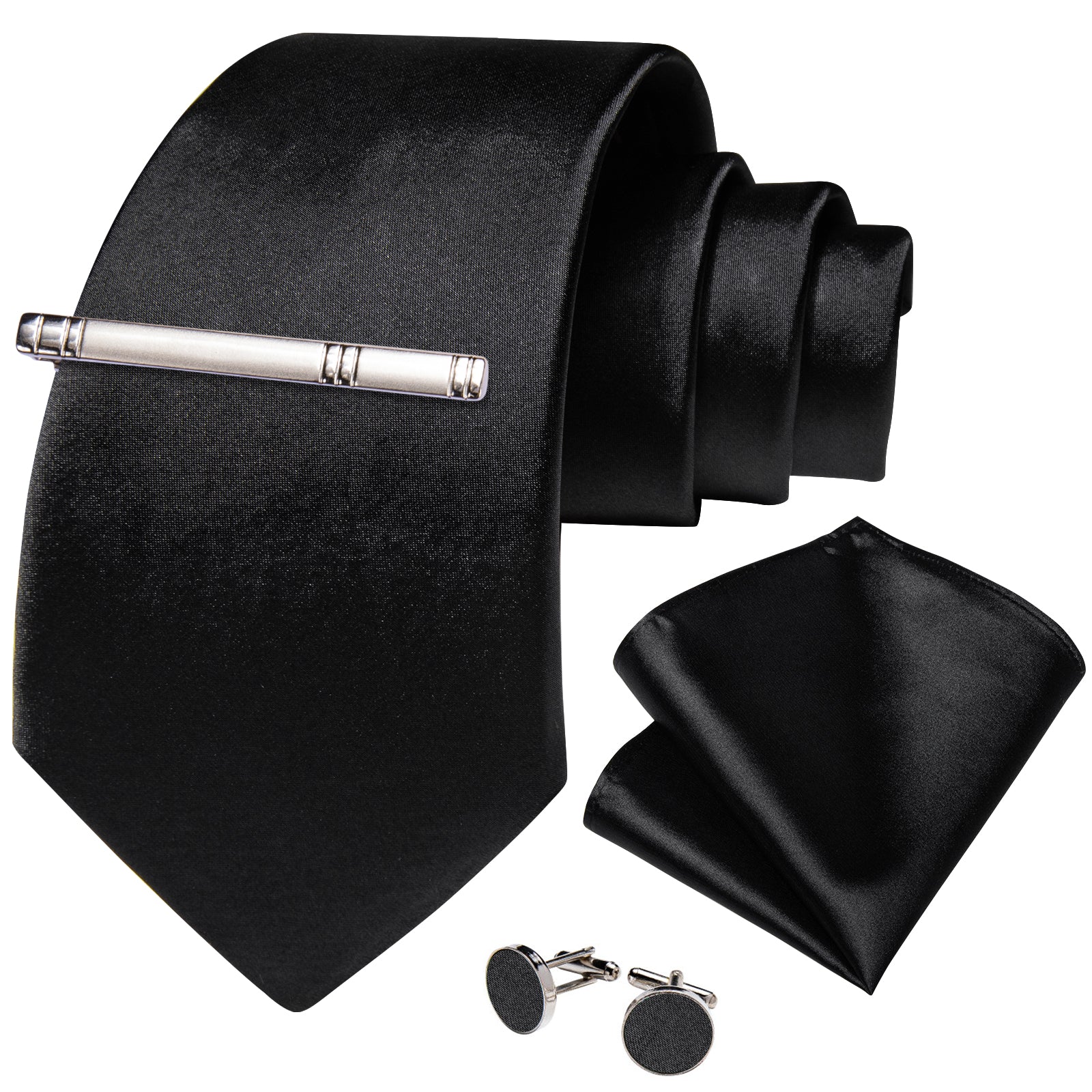 Black Solid Men's Tie Pocket Square Cufflinks Clip Set