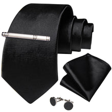 Black Solid Men's Tie Pocket Square Cufflinks Clip Set