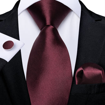 Red Solid Men's Tie Pocket Square Cufflinks Set