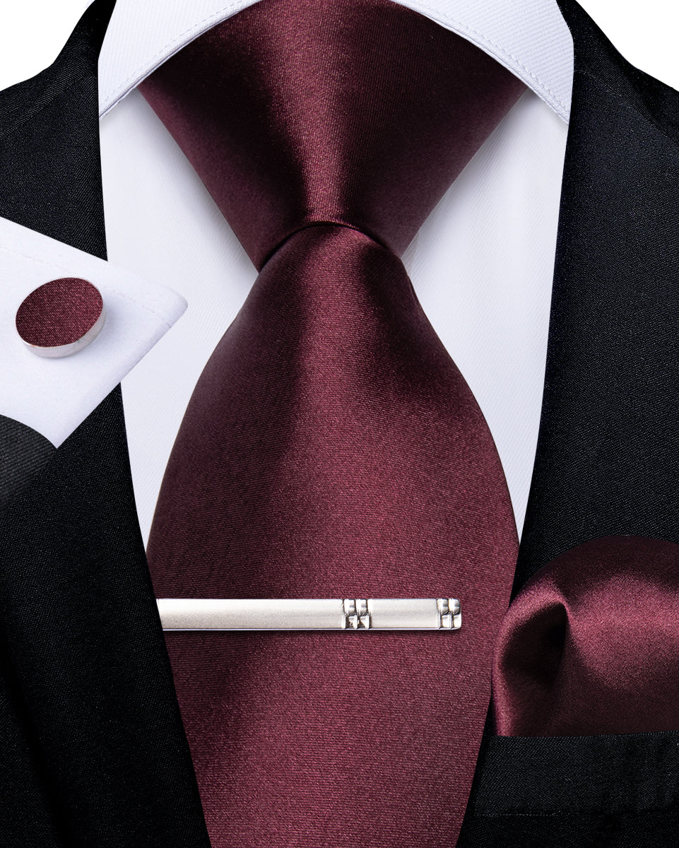 Red Solid Men's Tie Pocket Square Cufflinks Clip Set