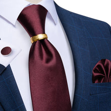 4PCS Claret Solid Silk Men's Tie Pocket Square Cufflinks with Tie Ring Set