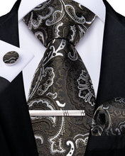 Green White Floral Men's Tie Handkerchief Cufflinks Clip Set