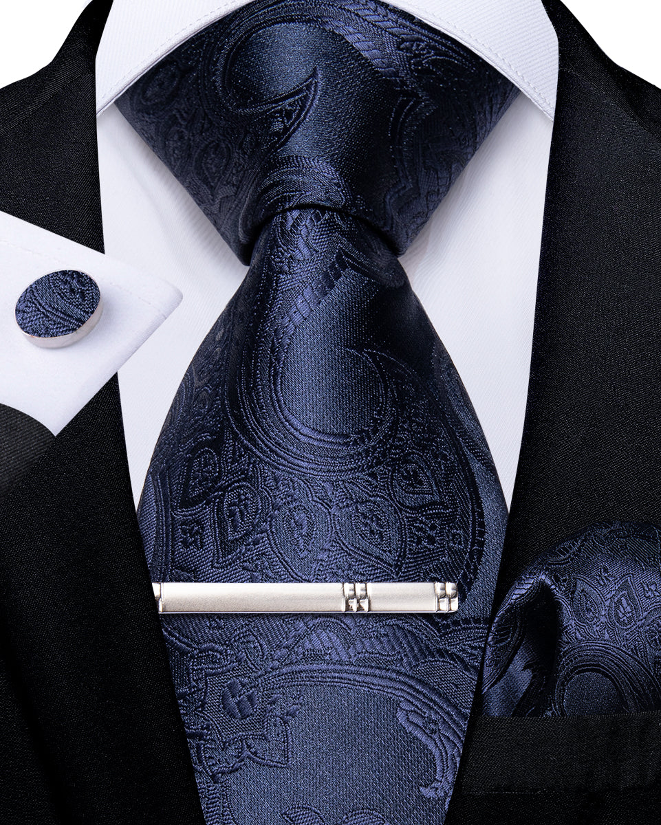Silk Tie Midnight Blue Floral Men's Tie Handkerchief Cufflinks Clip