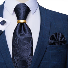  Silk Tie 4PCS Blue Floral Men's Tie Pocket Square Cufflinks with Tie Ring Set