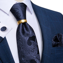  Silk Tie 4PCS Blue Floral Men's Tie Pocket Square Cufflinks with Tie Ring Set