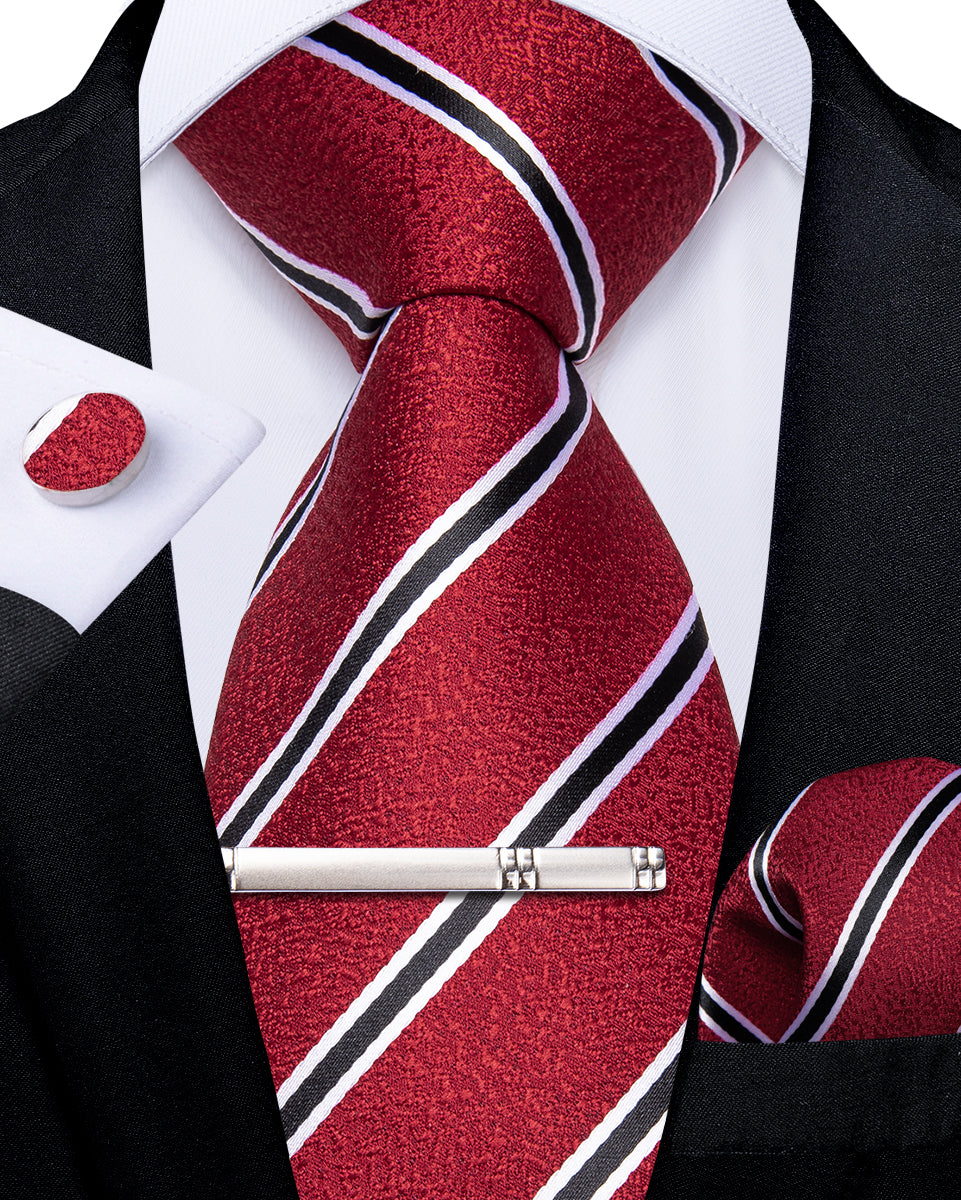 Red Black Stripe Men's Tie Handkerchief Cufflinks Clip Set