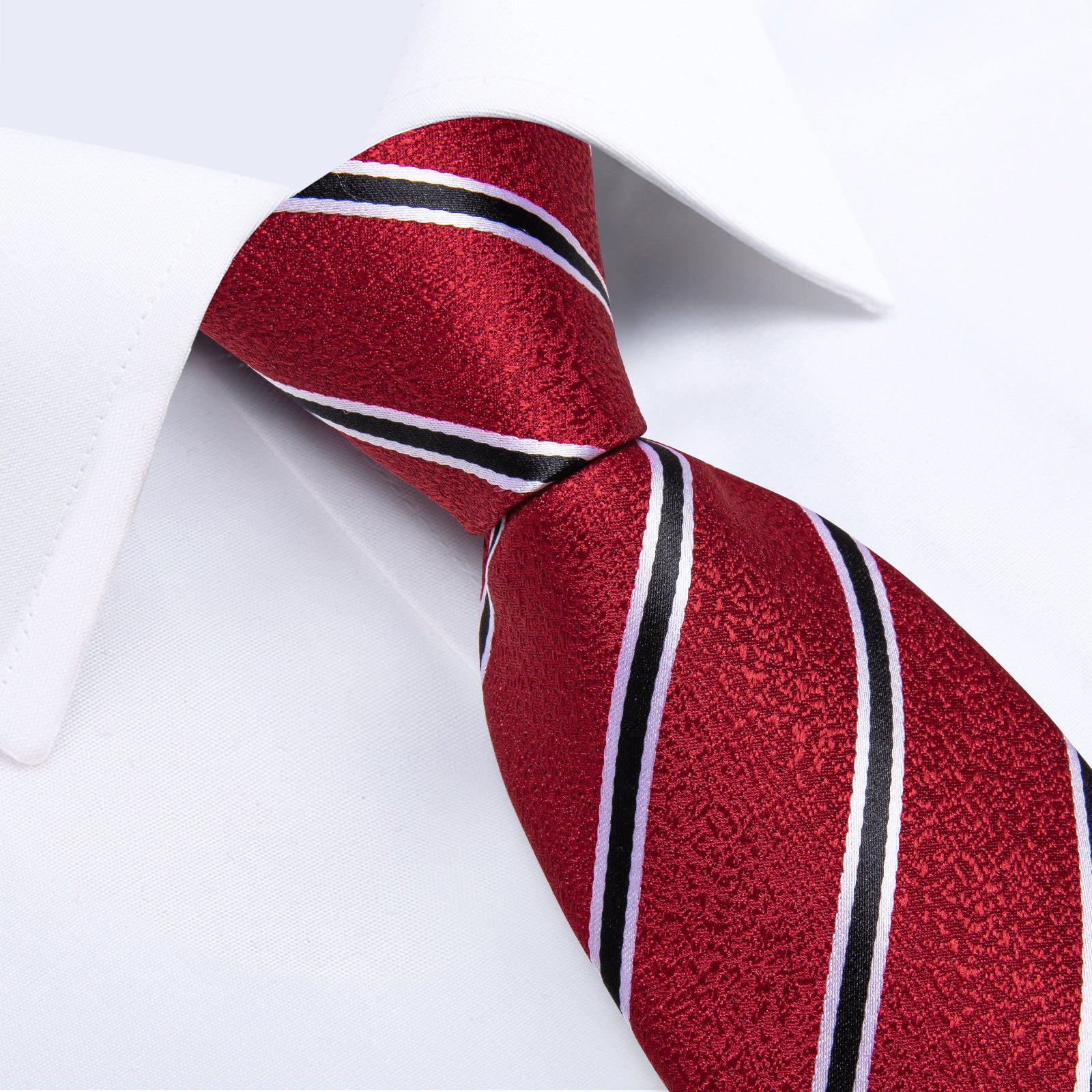 Red Black Stripe Men's Tie Handkerchief Cufflinks Clip Set