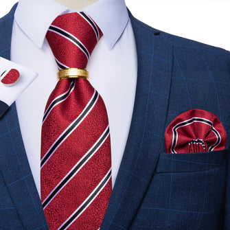 4PCS Black Red Stripe Silk Men's Tie Pocket Square Cufflinks with Tie Ring Set