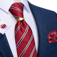 4PCS Black Red Stripe Silk Men's Tie Pocket Square Cufflinks with Tie Ring Set