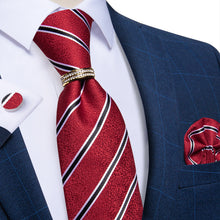 4PCS Black Red Stripe Silk Men's Tie Pocket Square Cufflinks with Tie Ring Set