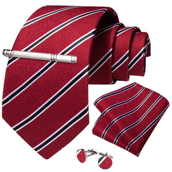 Red Black Stripe Men's Tie Handkerchief Cufflinks Clip Set