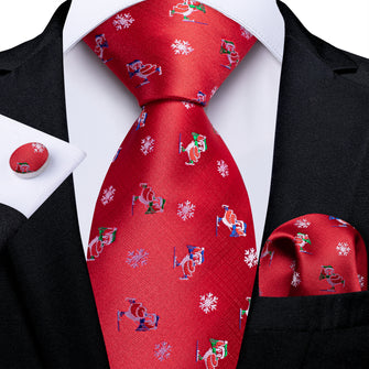 Christmas Novel Red Solid Men's Tie Pocket Square Cufflinks Set
