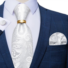 4PCS White Floral Silk Men's Tie Pocket Square Cufflinks with Tie Ring Set