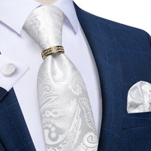 4PCS White Floral Silk Men's Tie Pocket Square Cufflinks with Tie Ring Set