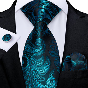 Teal Floral Men's Tie Pocket Square Cufflinks Set