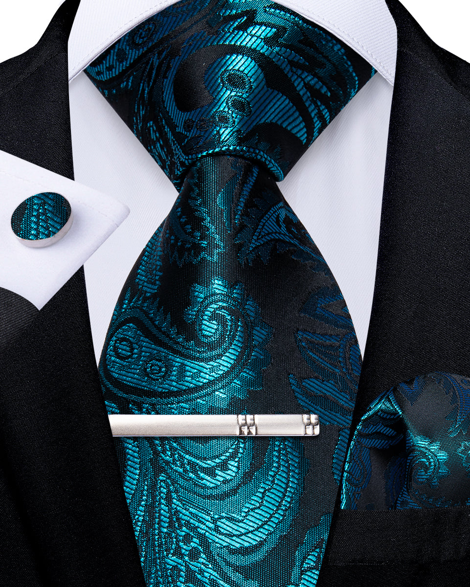 Teal Floral Men's Tie Handkerchief Cufflinks Clip Set