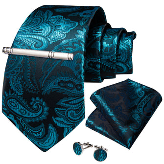 Teal Floral Men's Tie Handkerchief Cufflinks Clip Set
