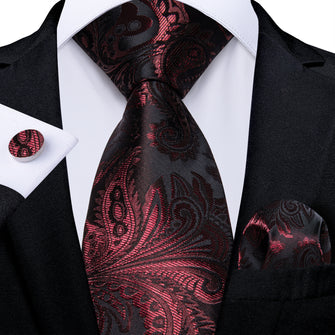 Black Claret Floral Men's Tie Pocket Square Cufflinks Set