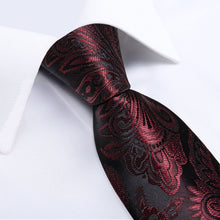 Black Claret Floral Men's Tie Handkerchief Cufflinks Clip Set