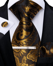 Brown Golden Floral Men's Tie Handkerchief Cufflinks Clip Set