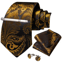 Brown Golden Floral Men's Tie Handkerchief Cufflinks Clip Set