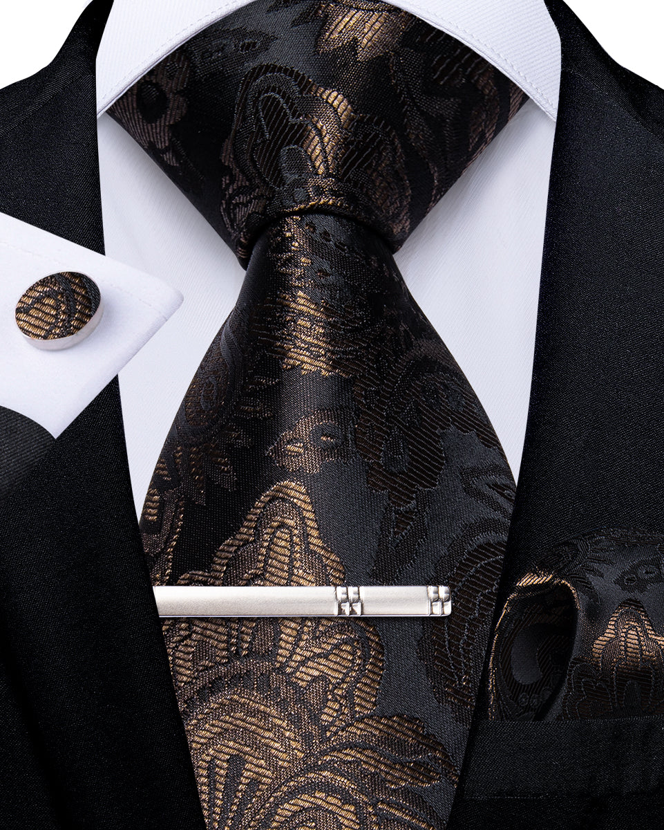 Black Claret Floral Men's Tie Handkerchief Cufflinks Clip Set