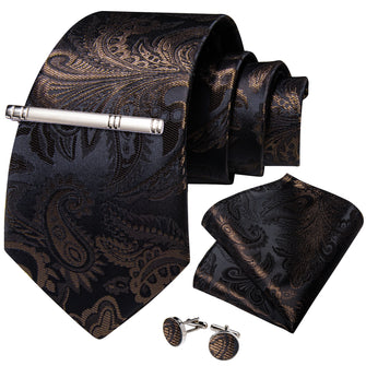 Black Claret Floral Men's Tie Handkerchief Cufflinks Clip Set