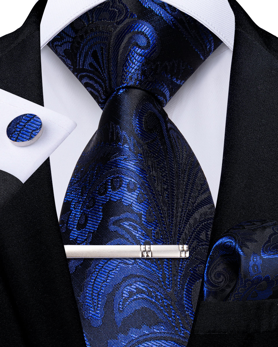 Blue Floral Men's Tie Handkerchief Cufflinks Clip Set