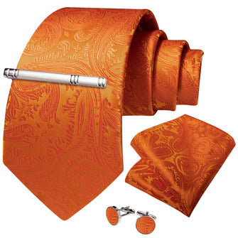 paisley silk men's burnt orange tie pocket square cufflink set with tie ring