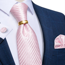 4PCS Pink Stripe Silk Men's Tie Pocket Square Cufflinks with Tie Ring Set