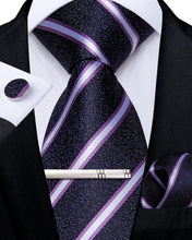 Dark Blue White Stripe Men's Tie Handkerchief Cufflinks Clip Set