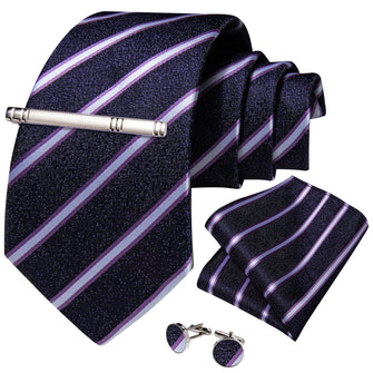 Dark Blue White Stripe Men's Tie Handkerchief Cufflinks Clip Set
