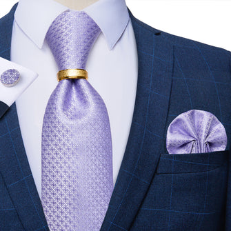 4PCS Light Blue Lattice Silk Men's Tie Pocket Square Cufflinks with Tie Ring Set